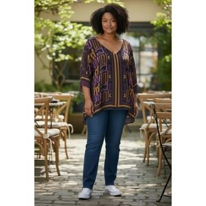 Avenue Studio Women 30/32 Tunic Blouse Purple Geometric Ruffle Bell Sleeve V-Nec